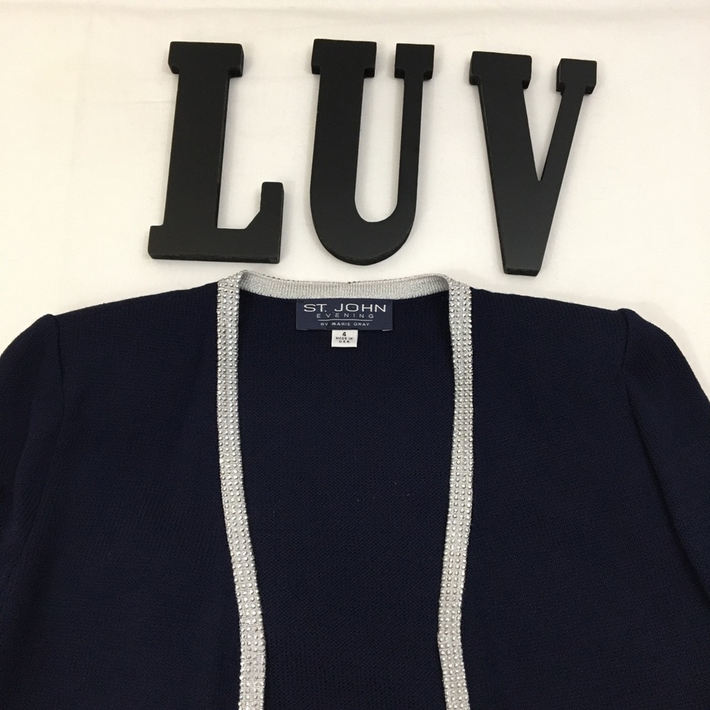 ST JOHN Jacket & Skirt Navy Blue Stud Embellish Zip Closure Top - Picture 7 of 7